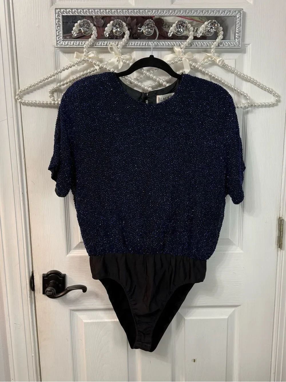 Vintage BlackTie Oleg Cassini Navy Beaded Bodysuit